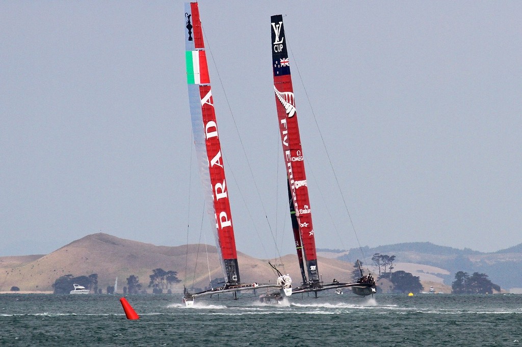 Flying on the reach heading for the turning mark  - AC72 Race Practice - Takapuna March 8, 2013 © Richard Gladwell www.photosport.co.nz
